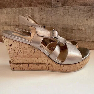 Salvatore Ferragamo Metallic Leather Wedged Cork Strap Platform Sandals